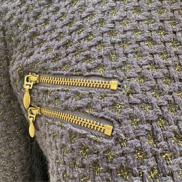 Q. Mack Blue Gold Tweed Moto Jacket Women's Size M Asymmetrical Zipper Style - Picture 7 of 11